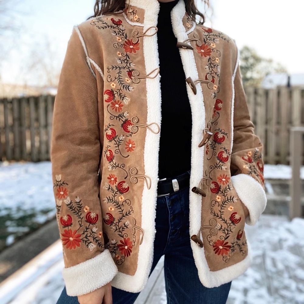 Vintage Leather Floral Embroidered Sherpa Coat